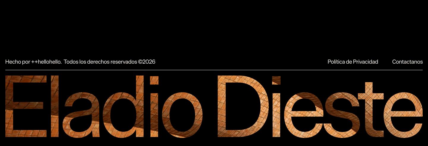 A monumental dark footer featuring massive typography filled with brick masonry textures beneath a minimalist hairline metadata row.