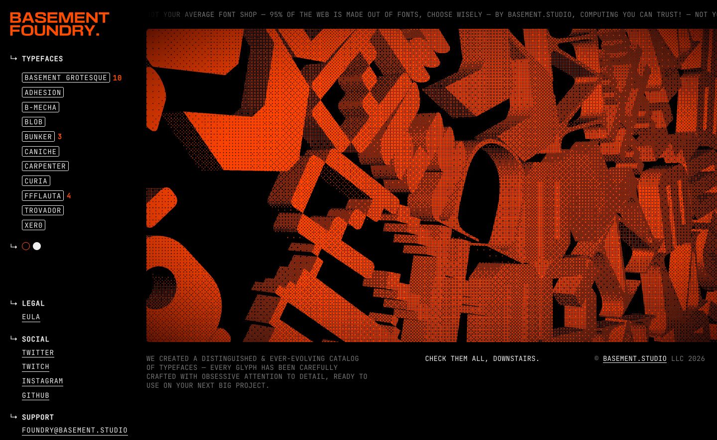 Raw brutalist foundry hero combining dense monospace navigation, high-contrast orange duotone halftone 3D graphics, and terminal-inspired typography.