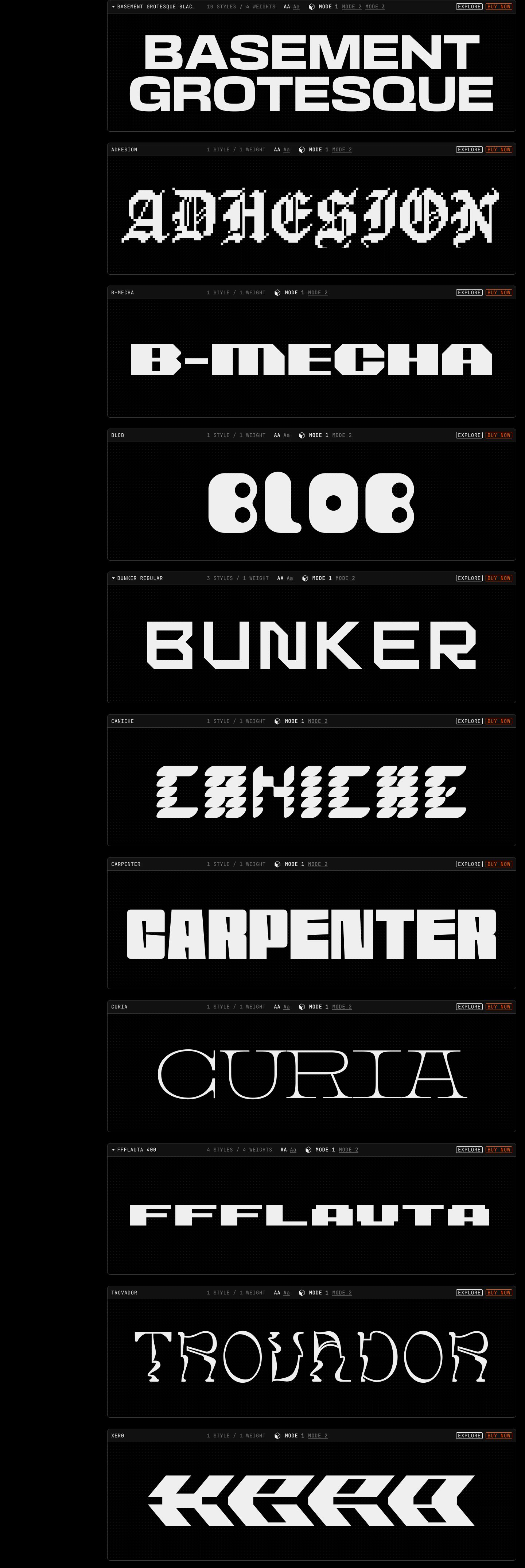 Dark technical type foundry catalog displaying punchy, experimental font specimens within wireframe-style interactive cards.