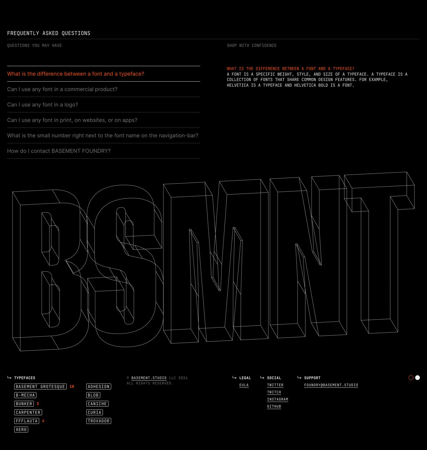 Stark brutalist FAQ and footer section with technical monospace text anchored by massive 3D wireframe letterforms on black.