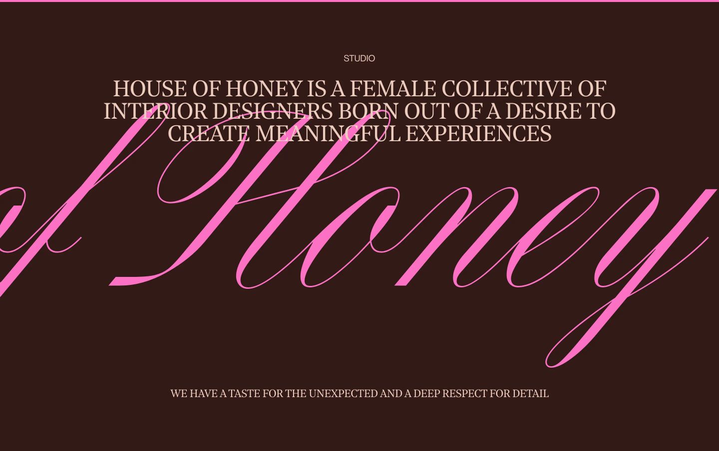 Rich chocolate brown editorial statement hero layered with an oversized magenta script watermark behind centered serif caps.