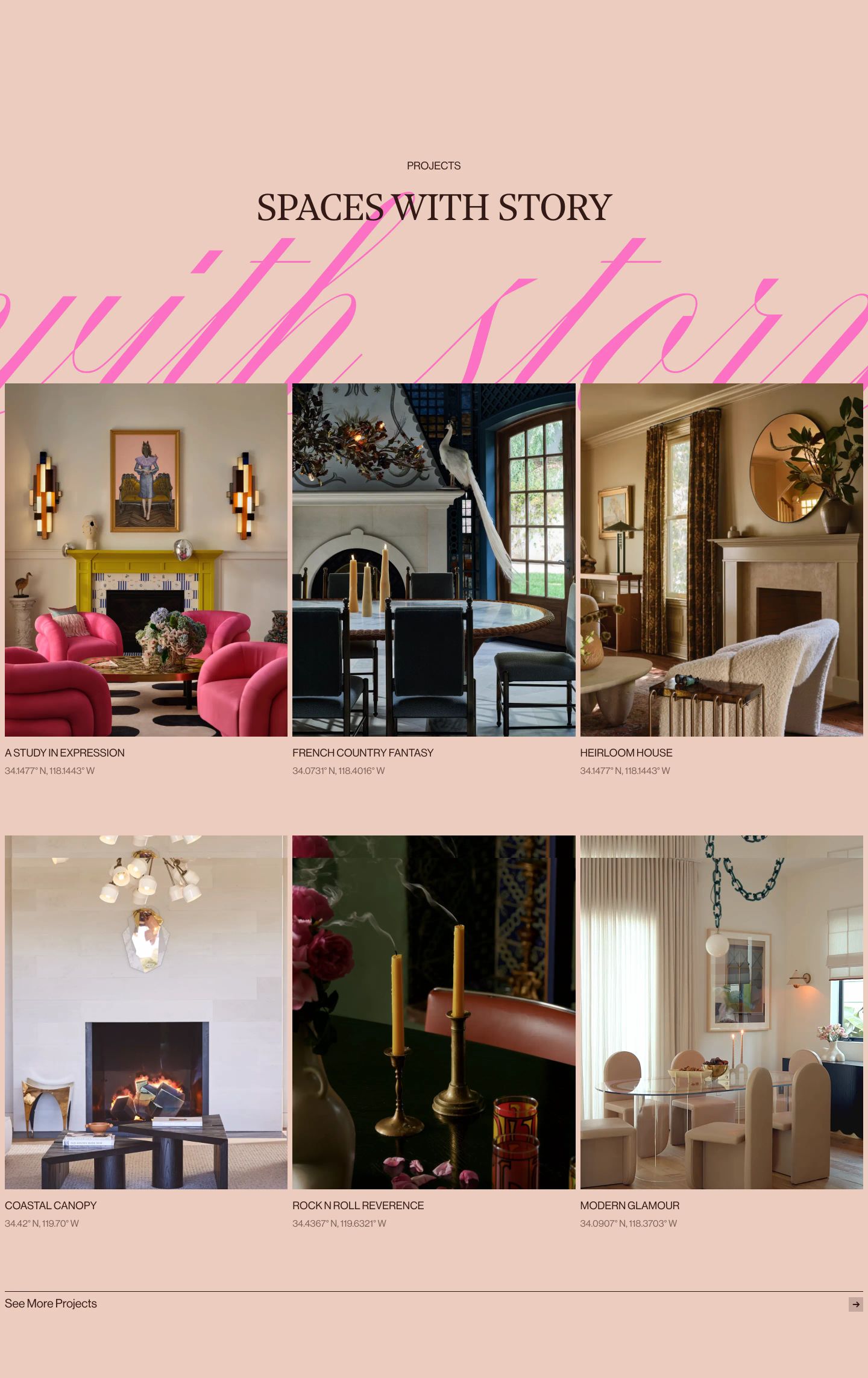 Warm editorial interior showcase with neon pink script overlaying refined serif typography and rich architectural photography cards.