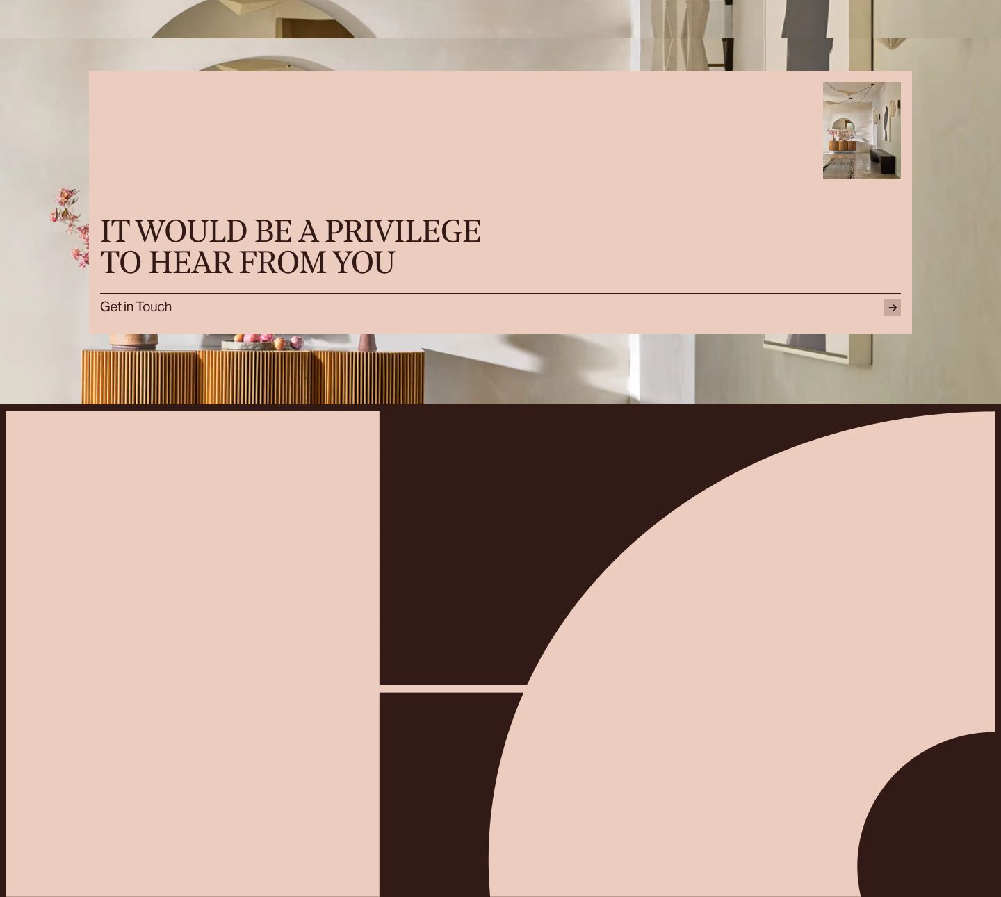 A soft blush contact card floats with quiet architectural elegance over a warm interior photograph.