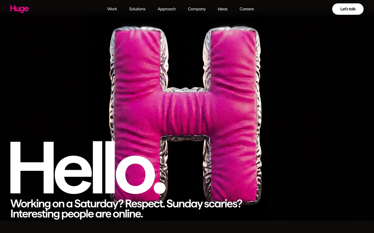 Dark hero dominated by a tactile magenta and chrome 3D inflatable letter paired with punchy conversational typography.