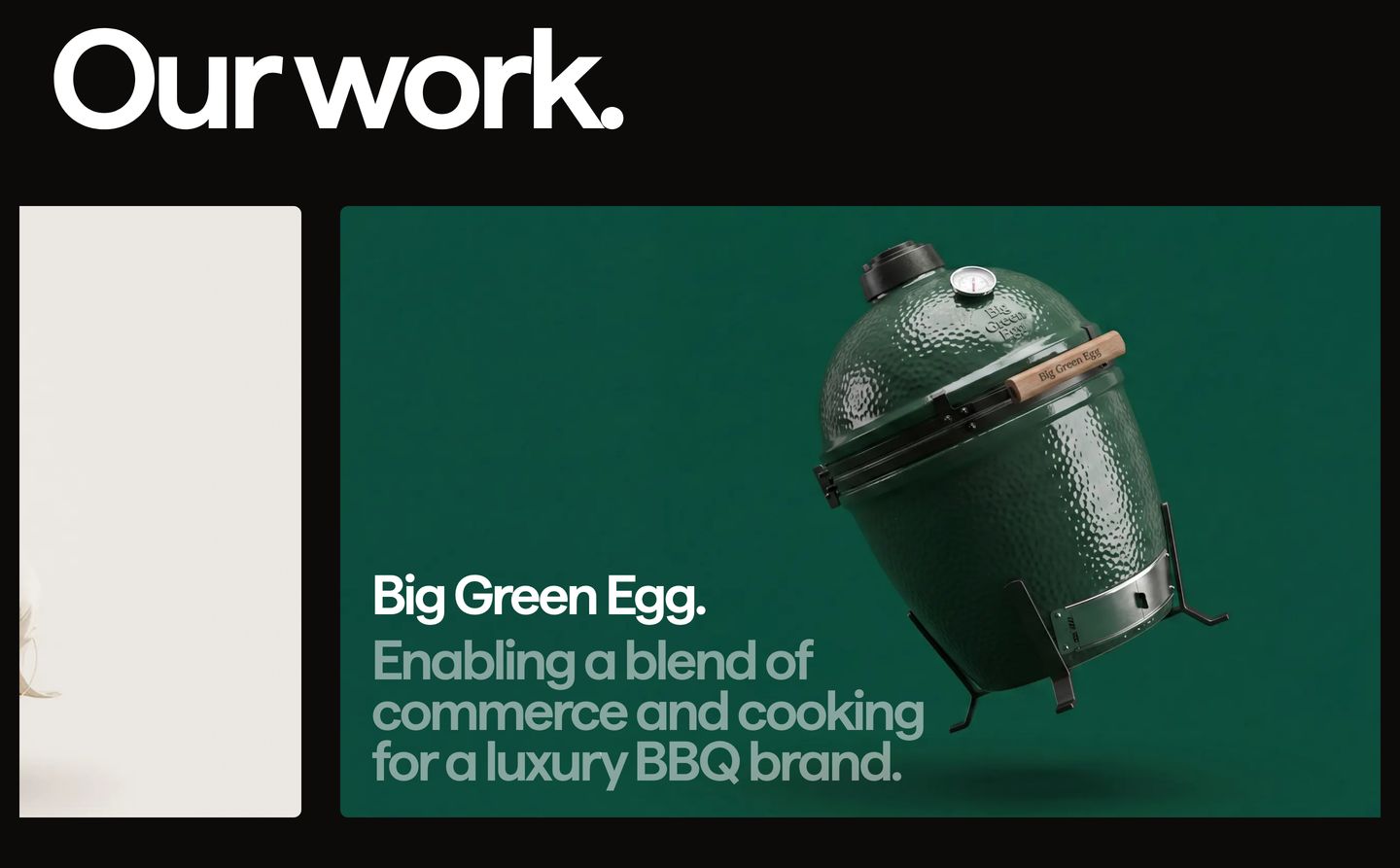Bold agency case study card featuring a dynamic tilted product render on a deep green container against a dark backdrop.
