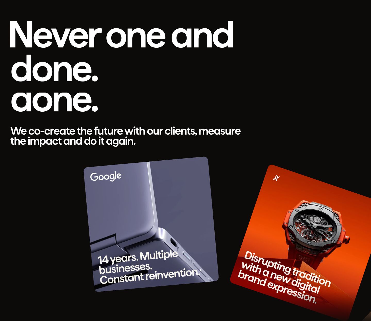 High-contrast dark showcase pairing punchy repeated typography with dynamically tilted, saturated client project cards.