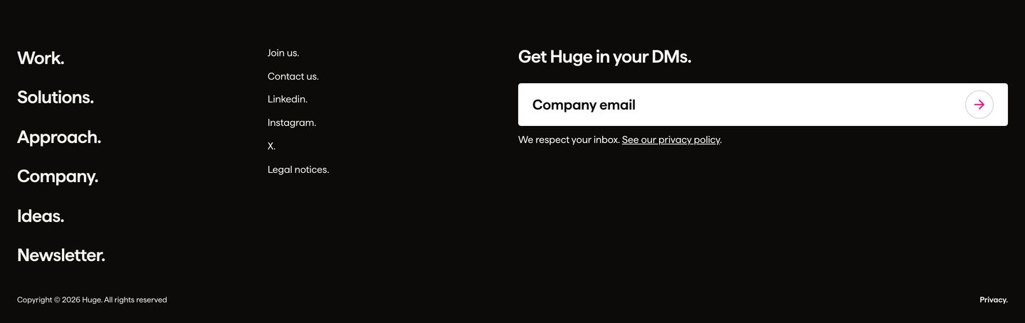 Dark, starkly minimalist footer combining heavy punctuated navigational typography with an expansive newsletter subscription field.