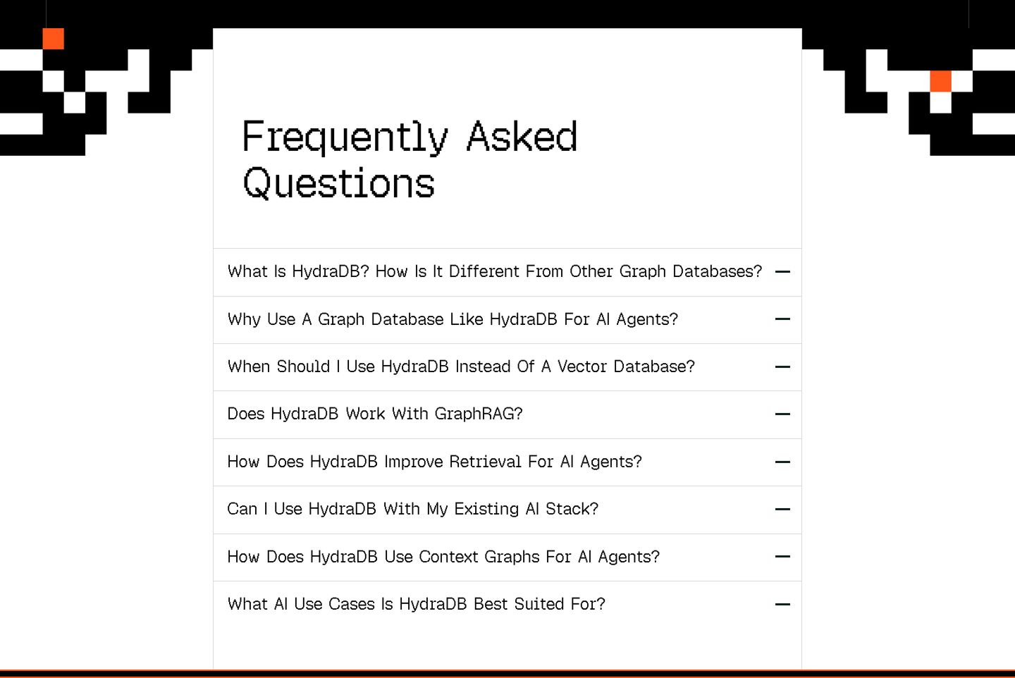 Crisp developer FAQ presented on a stark white accordion card framed by retro pixelated borders.
