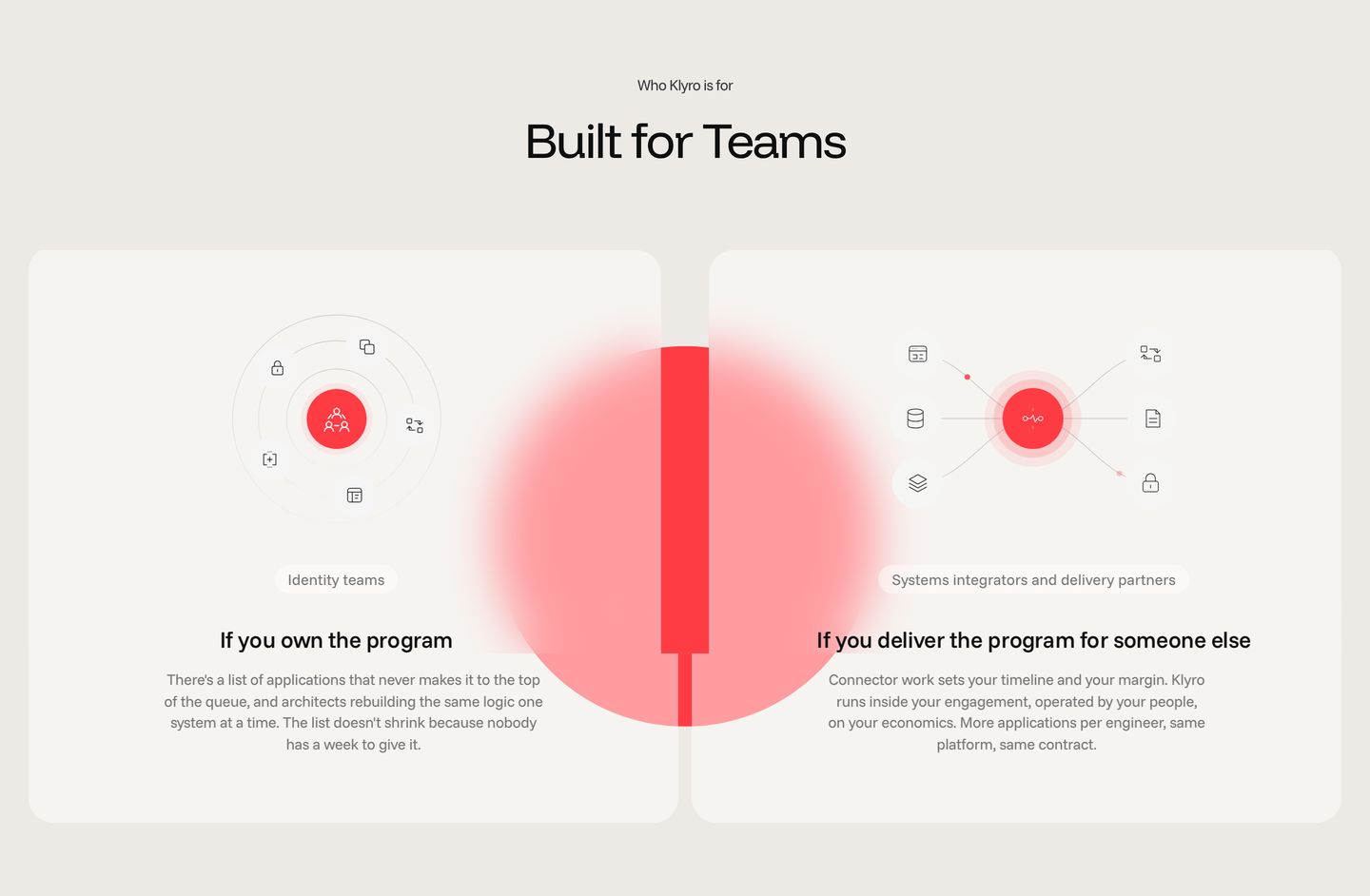 Quiet cream comparison cards anchored by delicate technical diagrams and bridged by a soft red luminous divider.