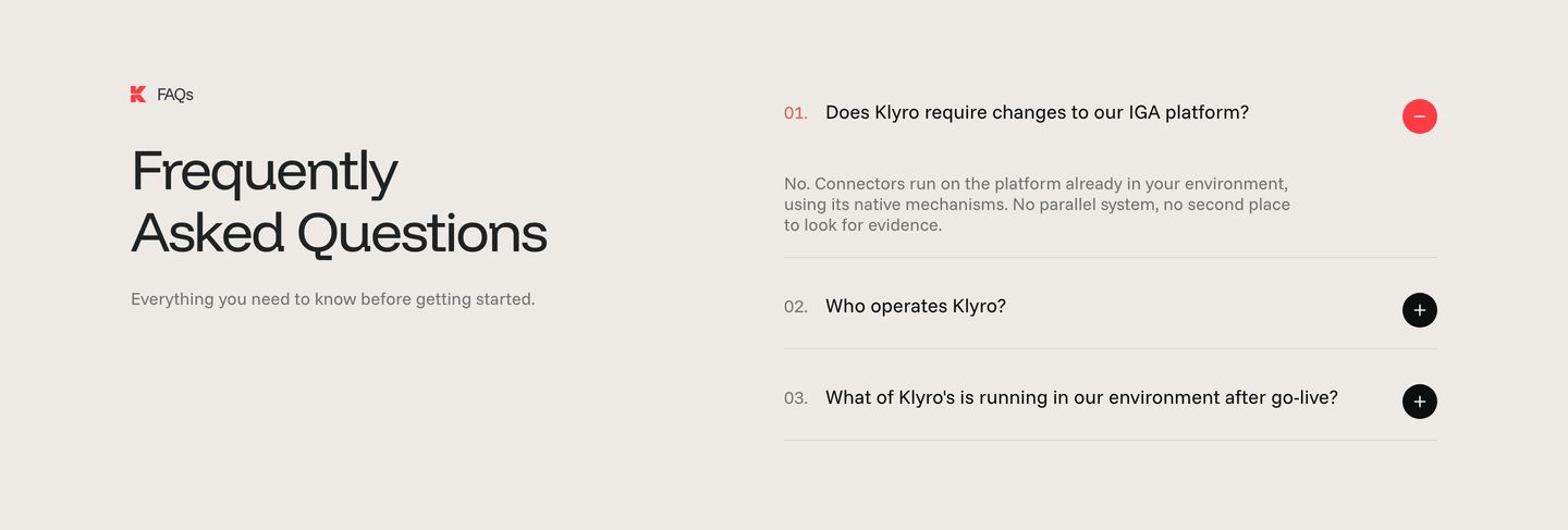 A spacious, calm FAQ section set against warm cream with numbered accordion items and crisp circular toggle controls.