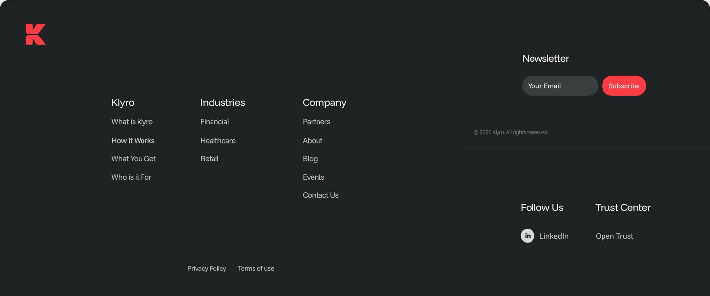 A spacious, dark-mode footer with quiet typography, orderly multi-column link groups, and a sharp coral red newsletter signup.