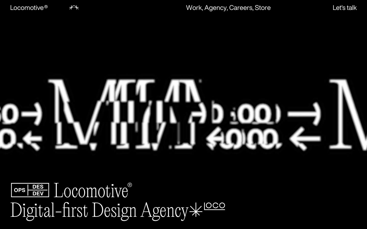 A pitch-black experimental hero dominated by distorted kinetic display typography and crisp bespoke serif agency branding.