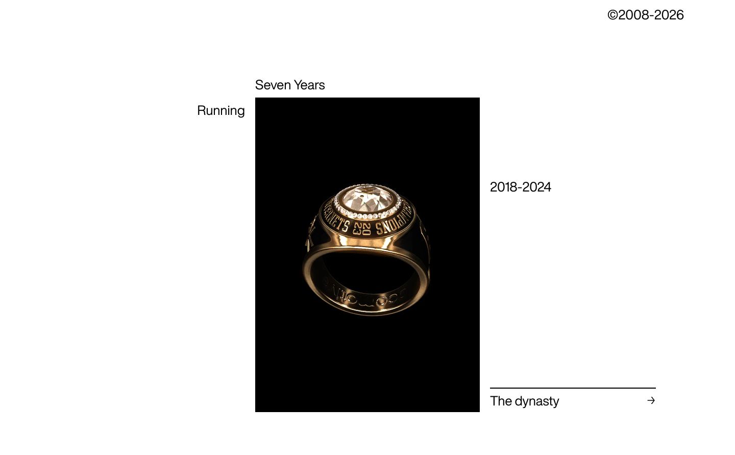 Stark editorial hero floating an ornate championship ring within expansive white space and precision micro-typography.