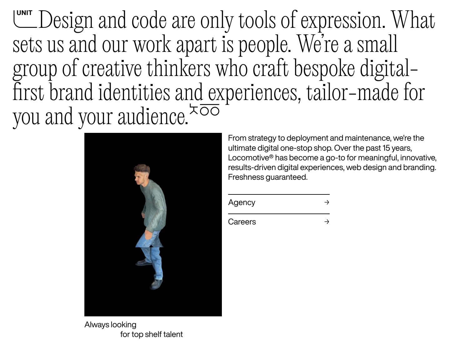 A stark editorial agency statement pairing compressed serif typography with an isolated 3D photogrammetry figure.