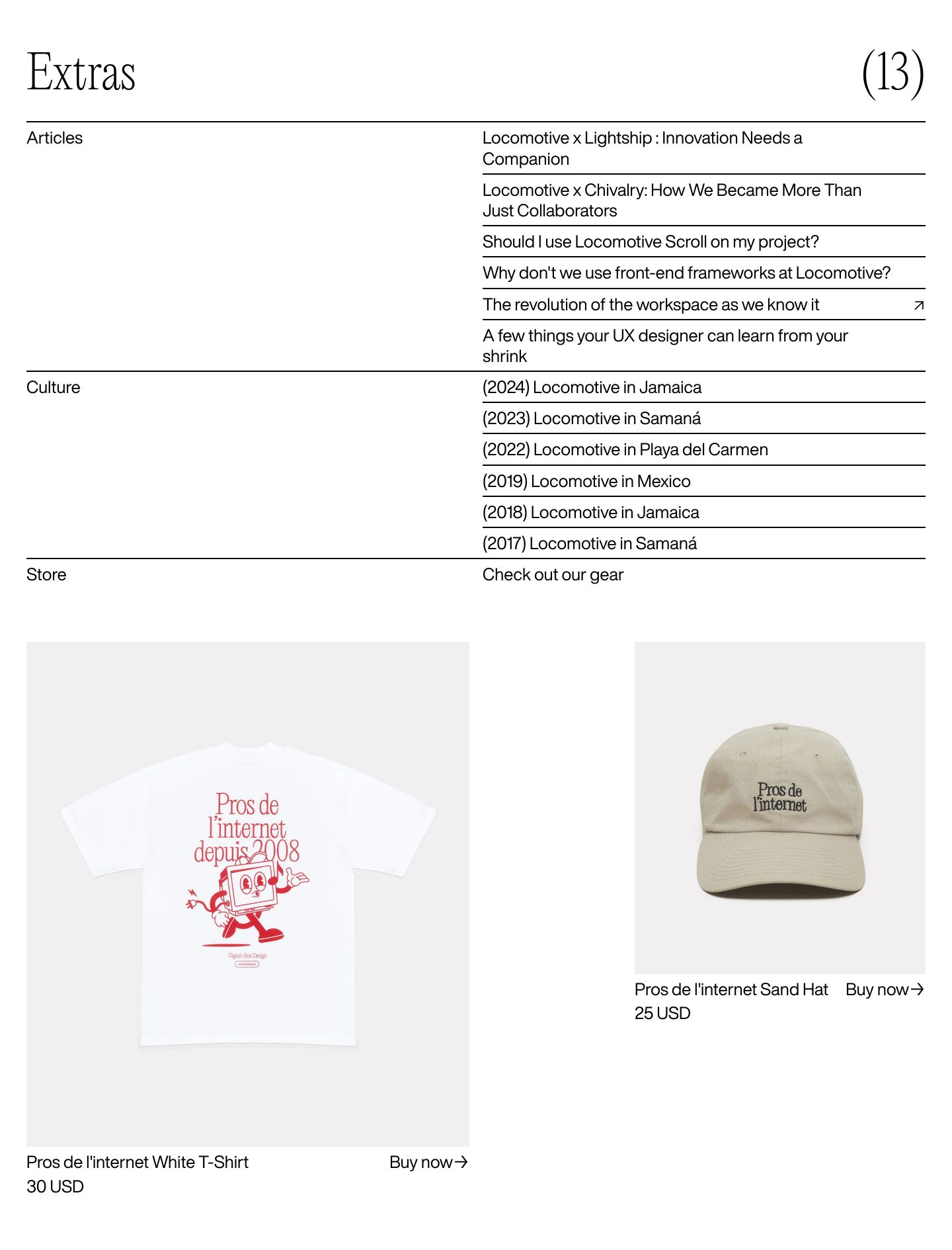 A refined Swiss editorial index balancing hairline-divided article links with studio merchandise against pristine white space.