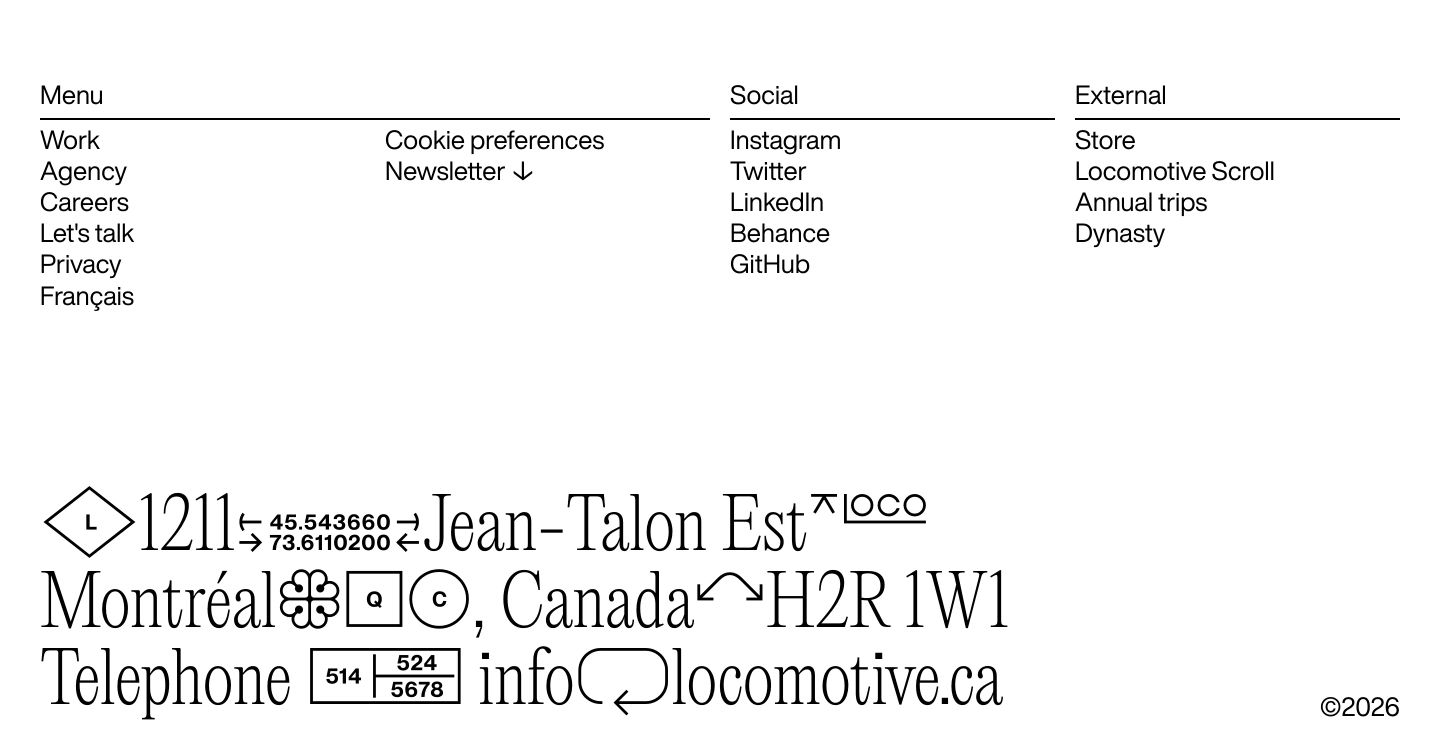 A stark monochrome footer balancing structured Swiss navigation columns with an expressive typographic address lockup filled with custom symbols.