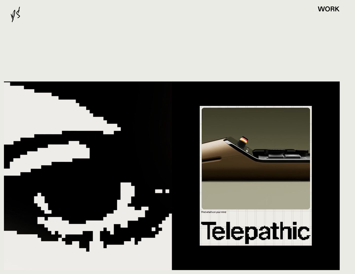 Monochrome pixel art contrasts against a framed hardware card in a stark, experimental design portfolio hero.