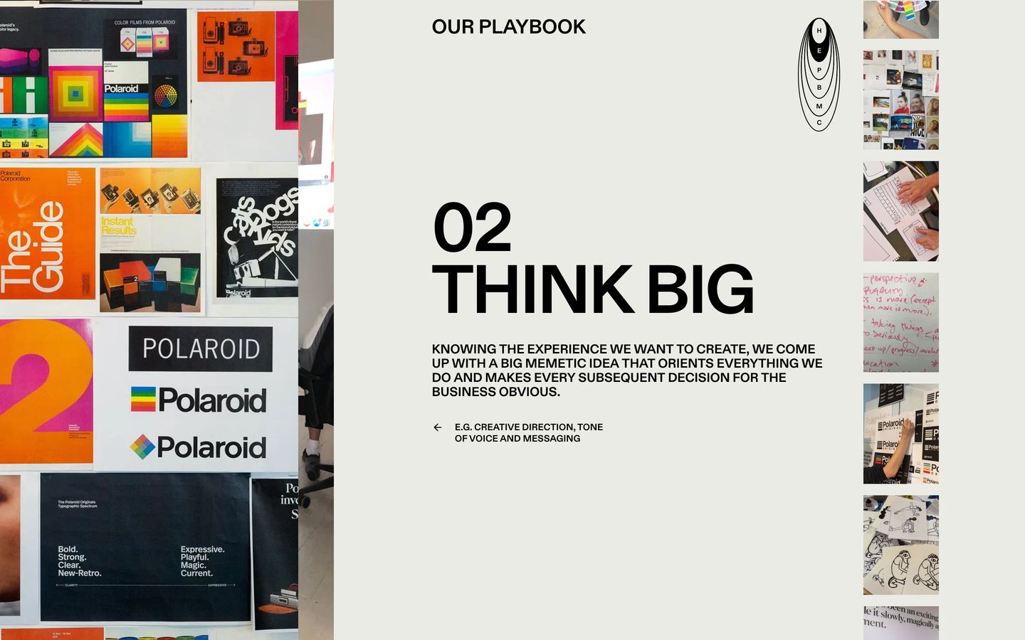 A crisp editorial playbook step framed between dense mood boards of physical design artifacts and studio process photography.