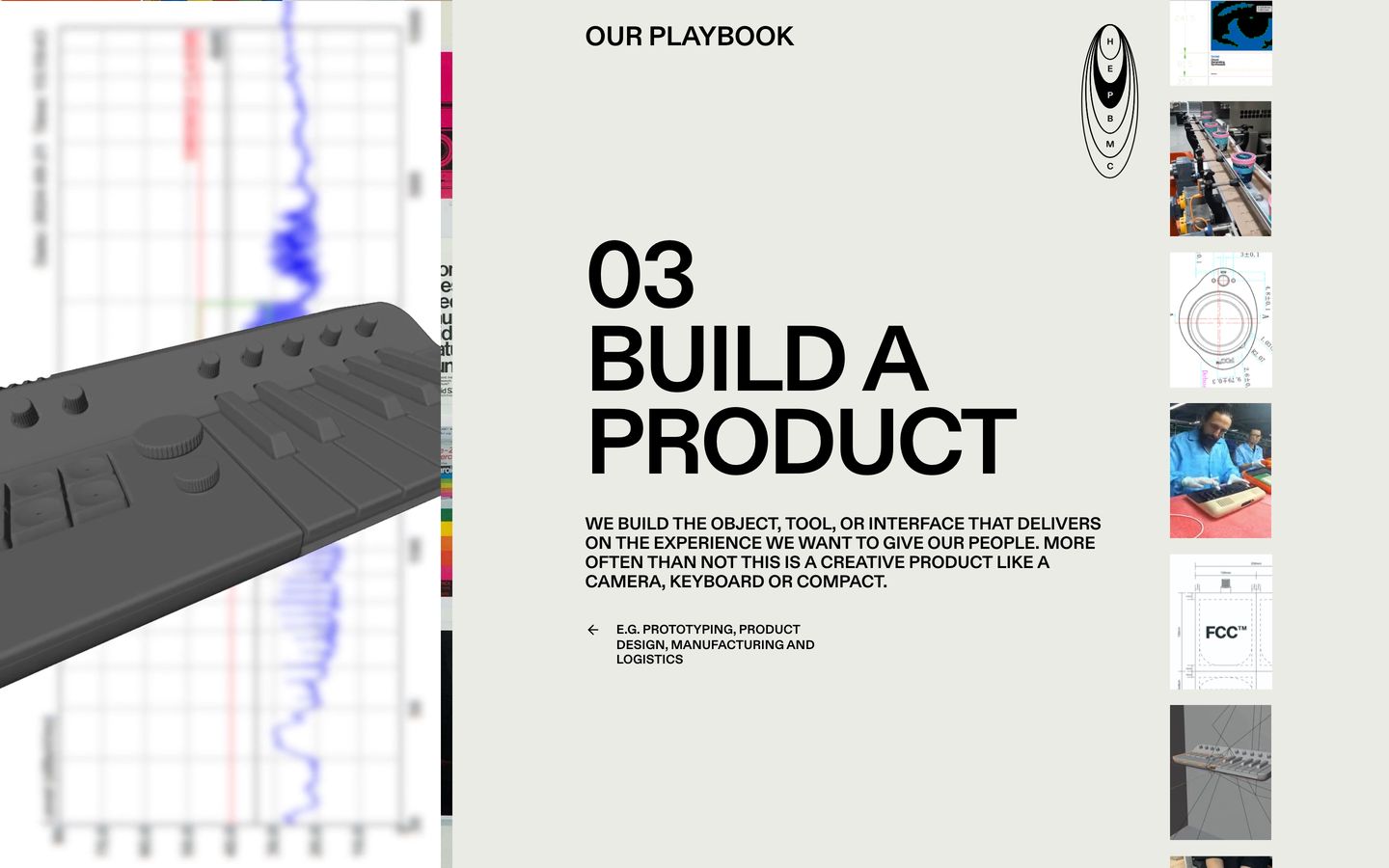 A technical, Swiss-style playbook slide pairing stark uppercase grotesque typography with hardware CAD models and process photography.