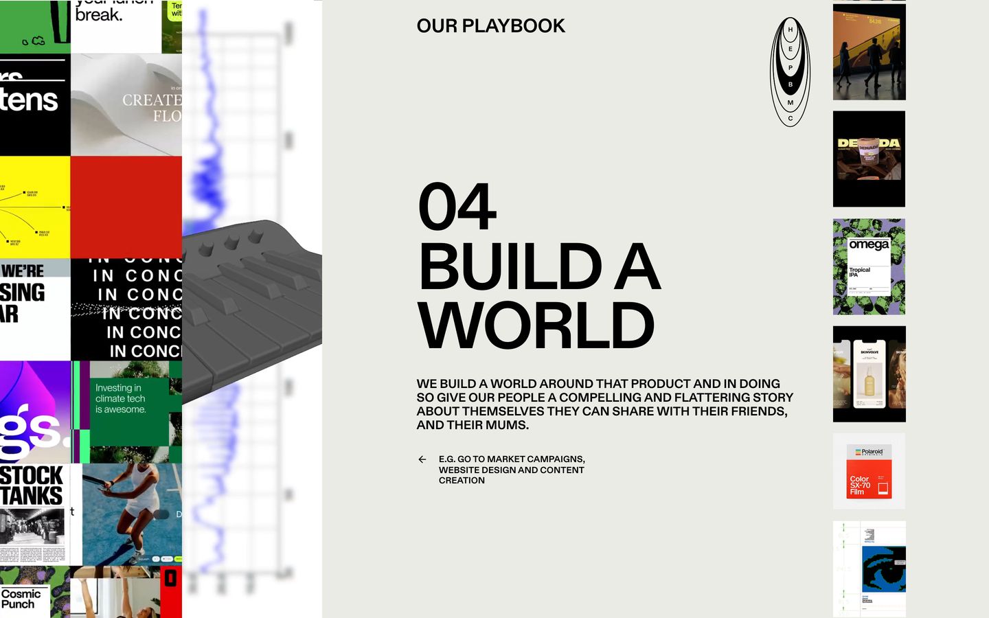 A disciplined Swiss-style playbook step framed between dense visual mosaics and an editorial thumbnail rail on soft warm stone.