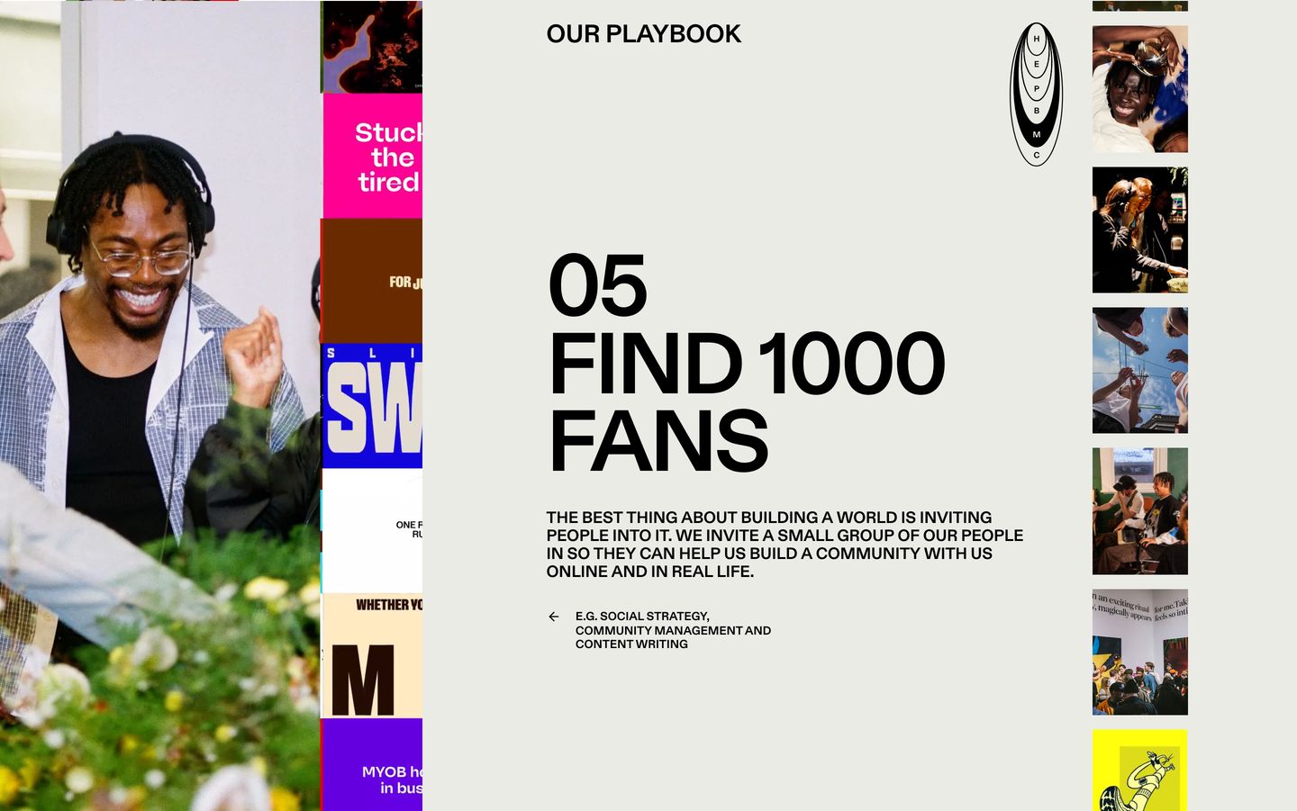 Bold, zine-inspired agency playbook card framed by lively candid photos and punchy typographic strips.