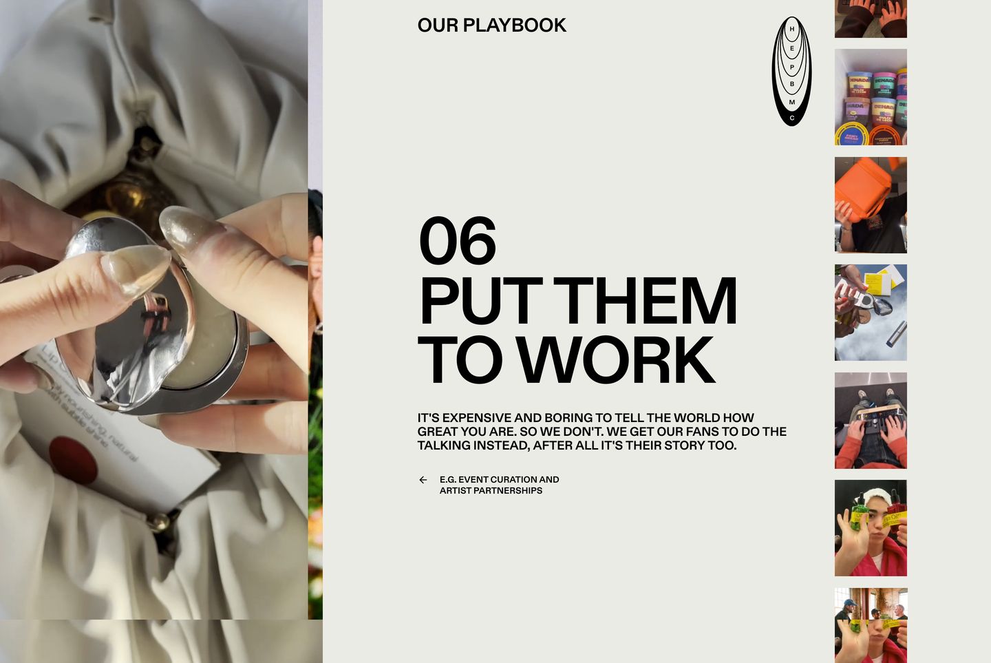 Editorial playbook feature pairing bold uppercase typography on warm grey with tactile UGC imagery and a vertical media column.