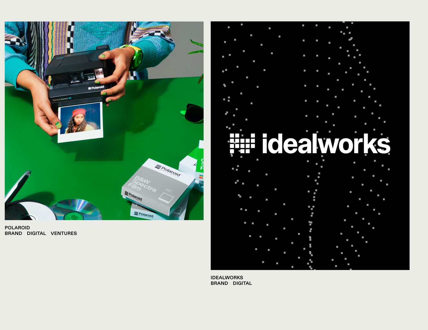 A crisp, high-contrast agency portfolio grid juxtaposing tactile retro photography with dark digital particle graphics on an off-white canvas.