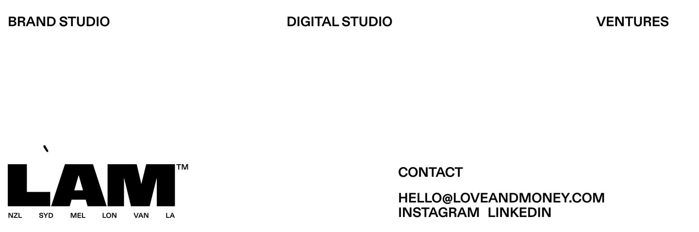 A stark, hyper-minimalist black and white studio footer with heavy grotesque typography floating in expansive whitespace.