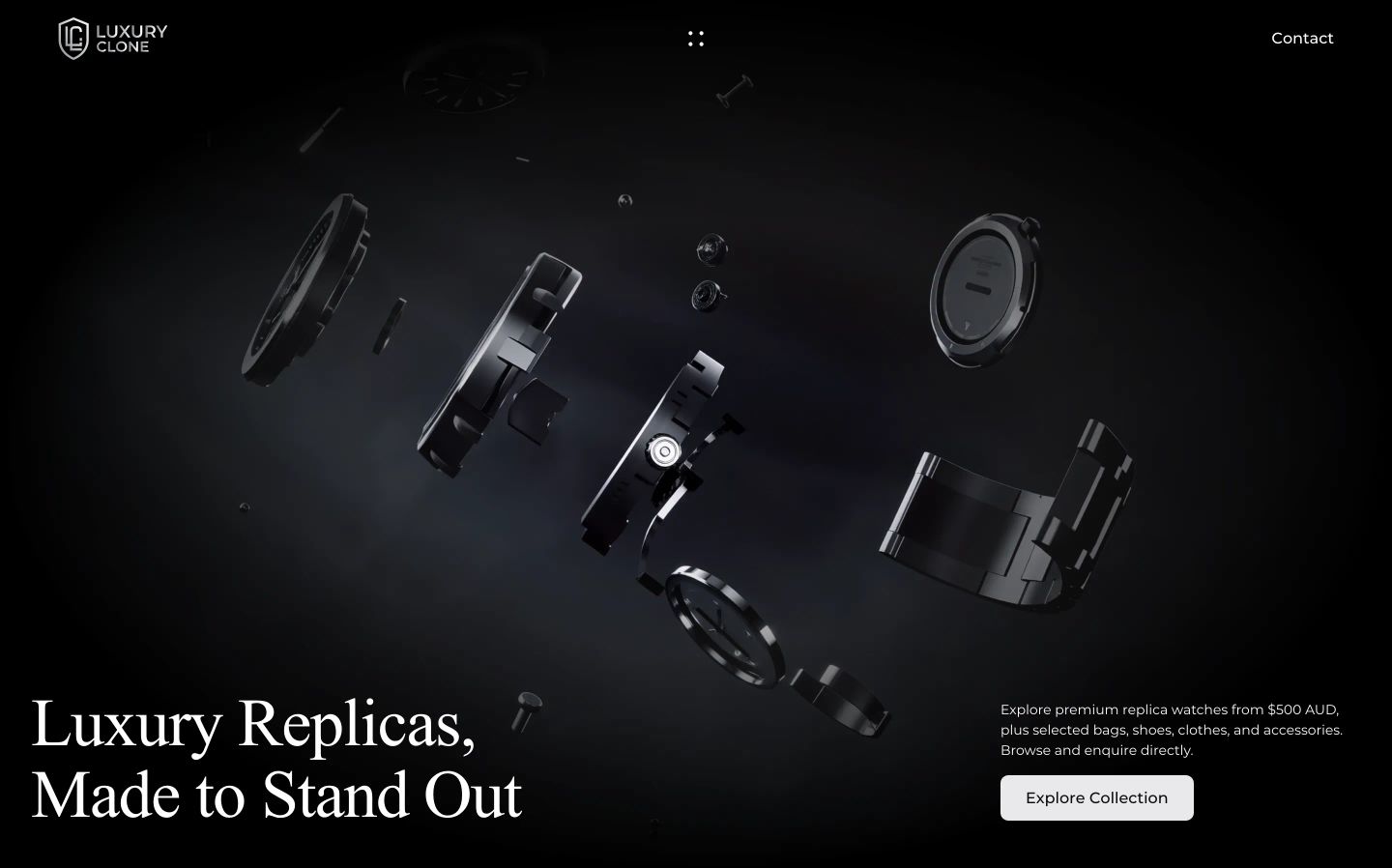 Dark, dramatic luxury hero with an exploded 3D watch suspended in zero gravity and refined serif typography anchored at the bottom.