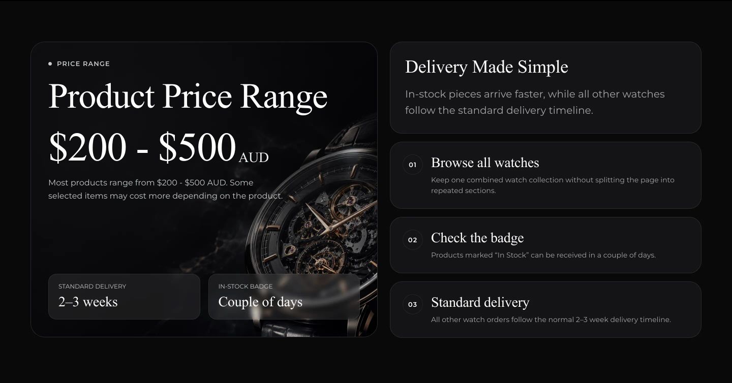 Sleek dark-mode luxury horology feature cards pairing crisp serif typography with detailed mechanical watch imagery.