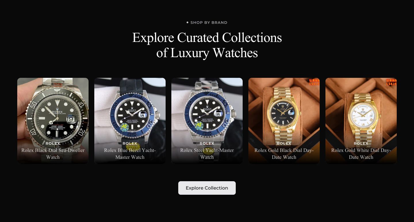 Dark luxury watch showcase featuring centered serif typography above a five-column gallery of timepiece cards.