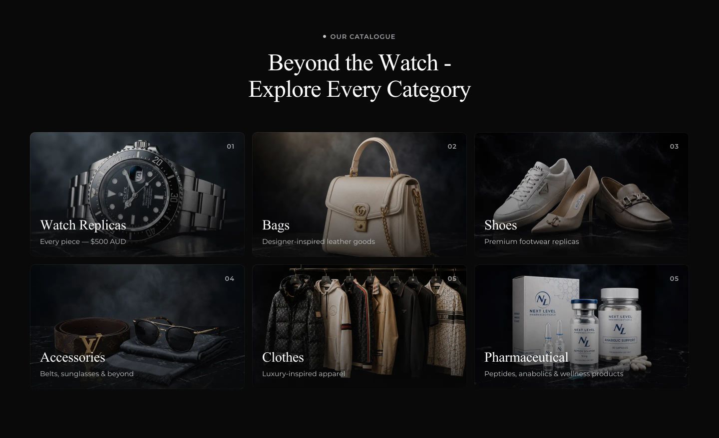 Moody dark catalogue grid displaying luxury replica categories through dramatic studio lighting and elegant serif typography.