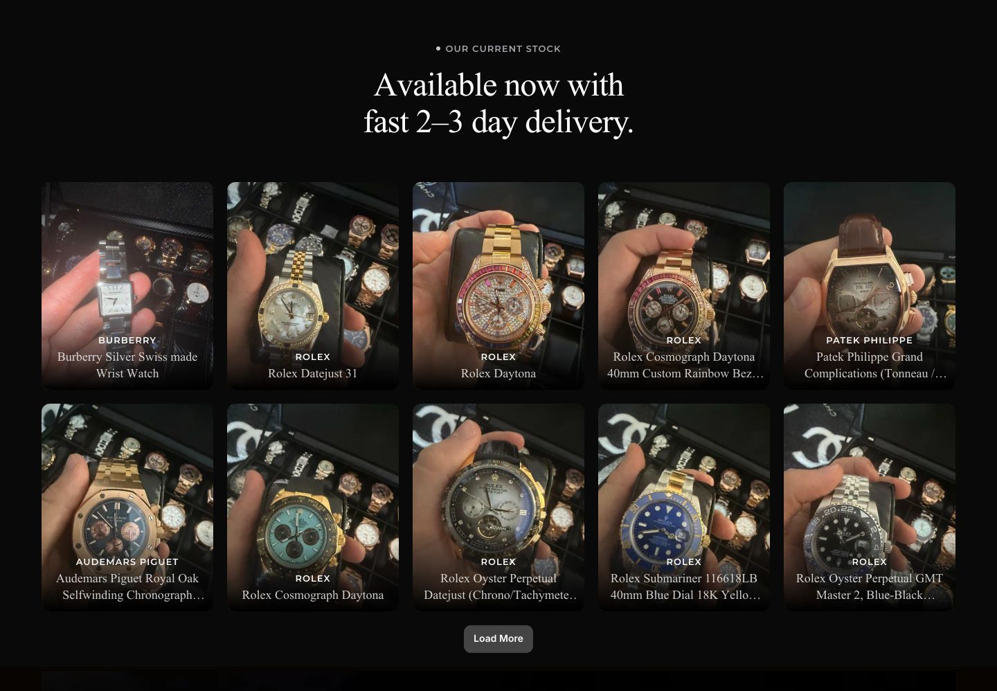 A dark luxury catalog grid showcasing high-end wristwatches held in hand with refined serif typography above.