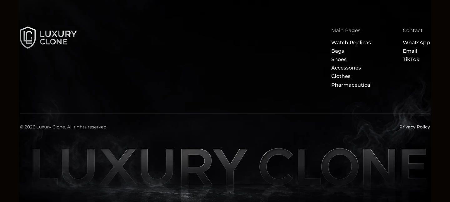 A shadowy, moody dark-mode footer featuring smoky ambient textures and an oversized low-contrast typographic watermark across the bottom.