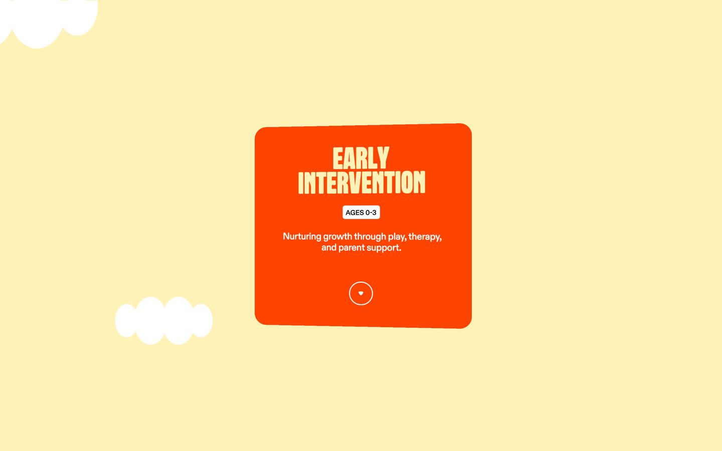A sunny, cheerful floating orange card framed by soft cloud shapes, delivering an inviting and child-friendly tone.