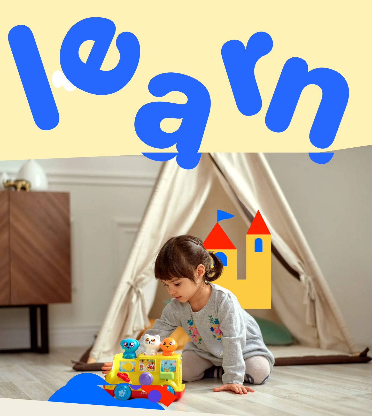 Giant undulating blue letters spell learn across a buttery yellow header above an illustrative photo of a child at play.