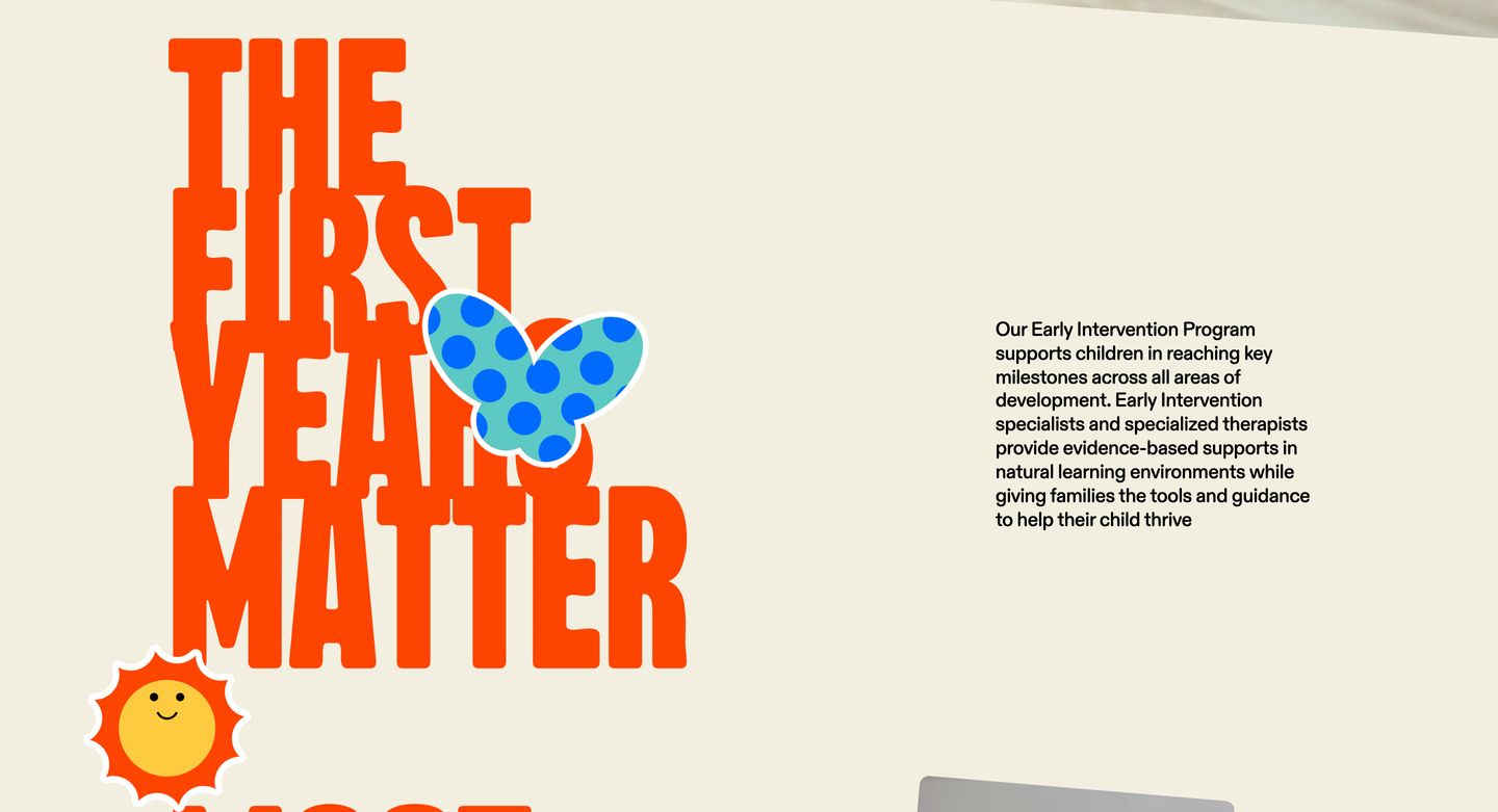 A warm, joyful split layout pairing massive condensed retro typography and friendly illustrated stickers with clean developmental care copy.