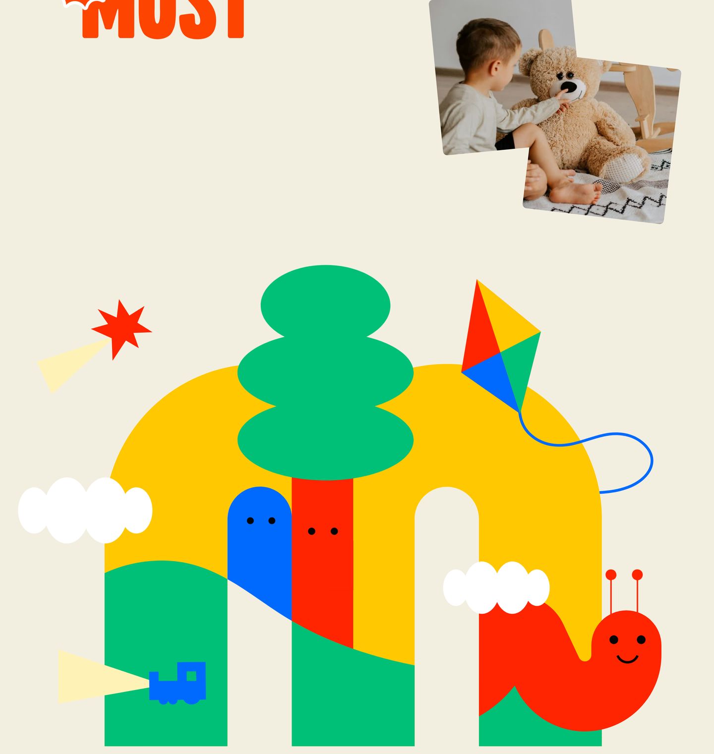 A cheerful, storybook-like visual band full of chunky geometric character illustrations and warm childhood photography.