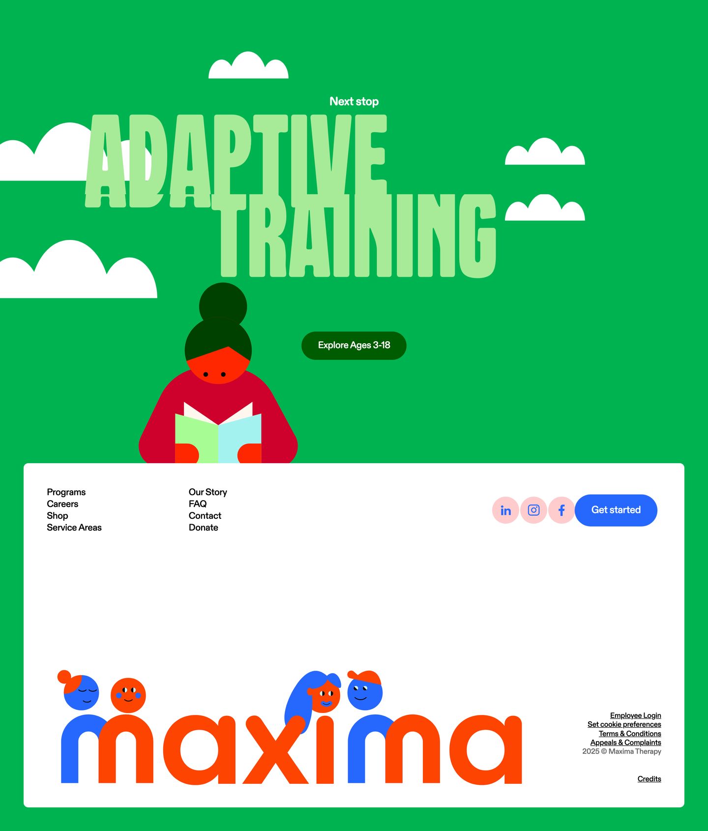 A vibrant green transition leads into a bright white footer anchored by friendly illustrated characters and bold, rounded typography.