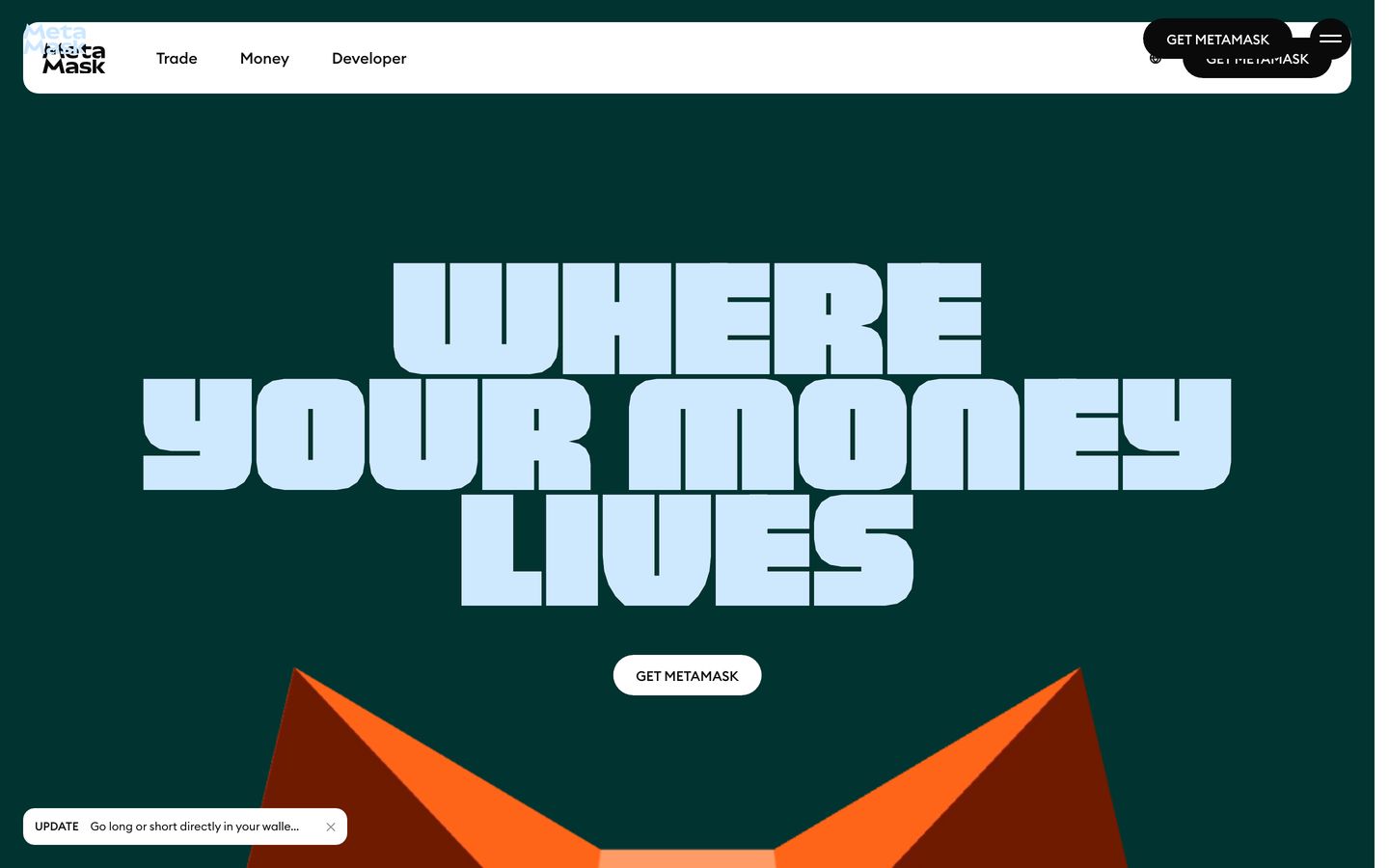 Bold, punchy hero with monolithic blocky typography centered over deep forest green and geometric 3D fox ears emerging from below.