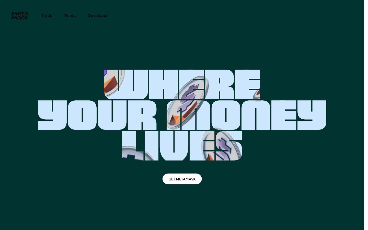 Bold and confident hero with massive custom typography masking 3D crypto currency against a deep green void.