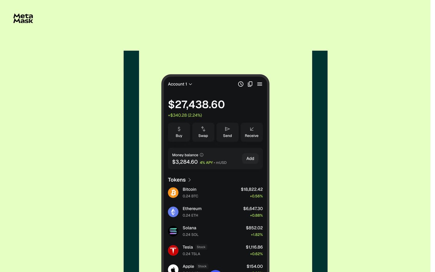 A crisp dark-mode mobile wallet interface stands centered and framed by geometric pillars against a light pastel backdrop.