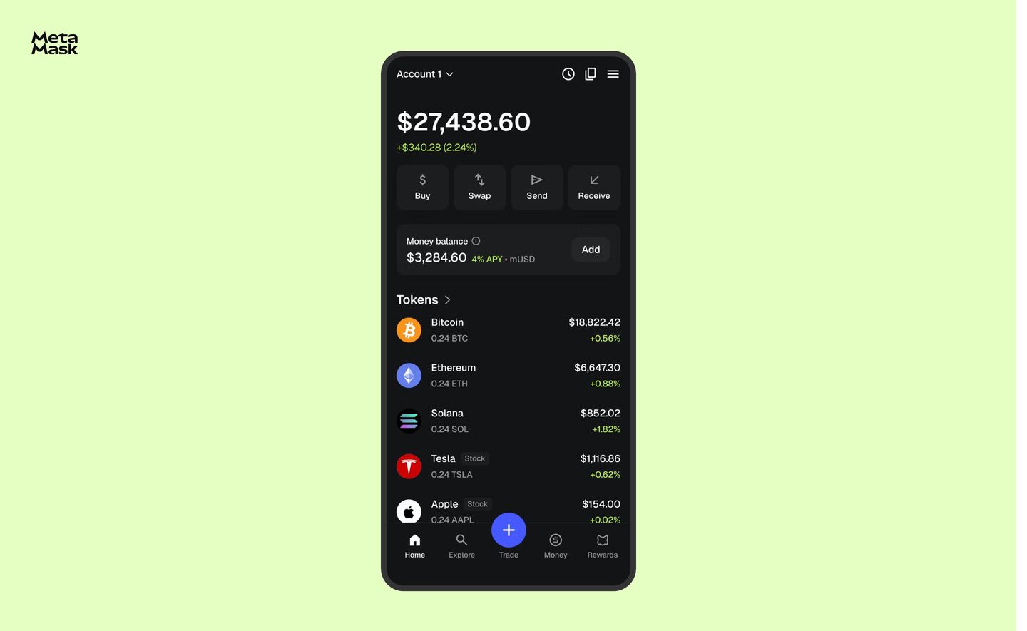 A dark mobile crypto wallet interface rests with generous breathing room against a vibrant pale lime background.