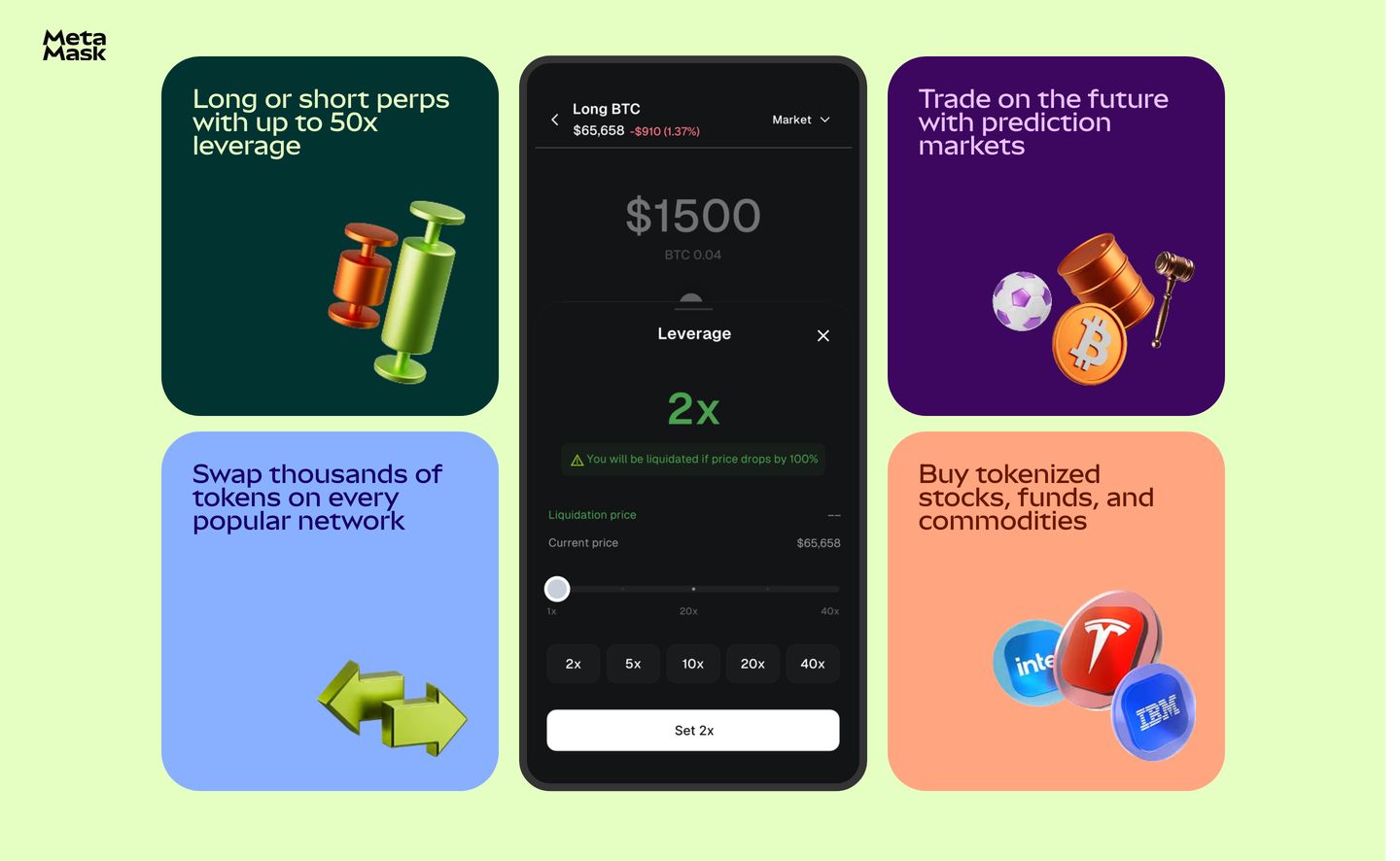 Playful and vibrant product feature grid pairing a central trading mobile mockup with four rounded, color-coded cards and glossy 3D icons.