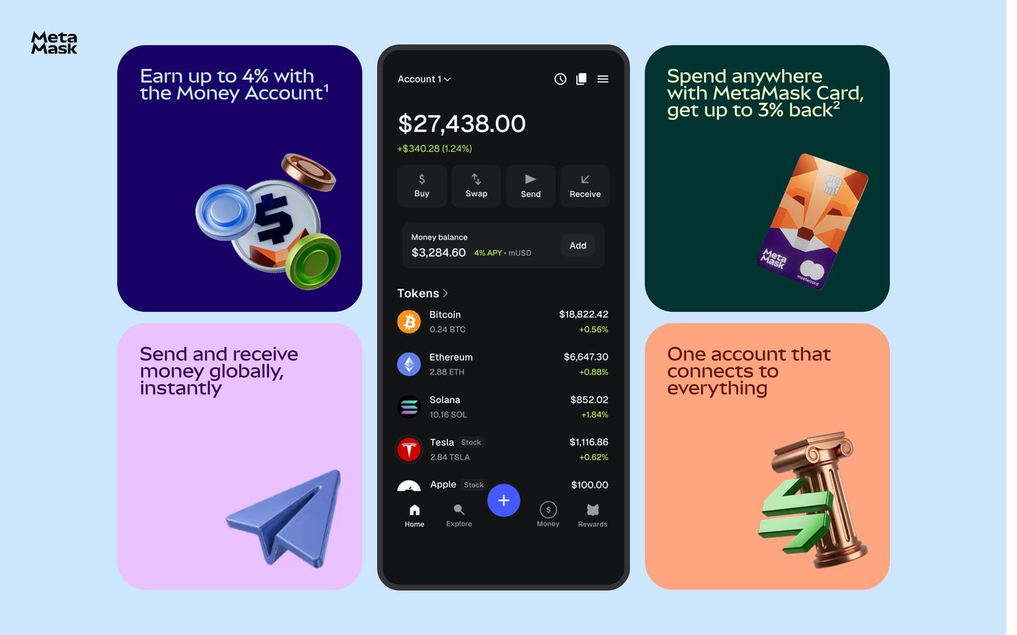Polished fintech feature grid arranging colorful bento cards and 3D icons symmetrically around a central smartphone mockup.