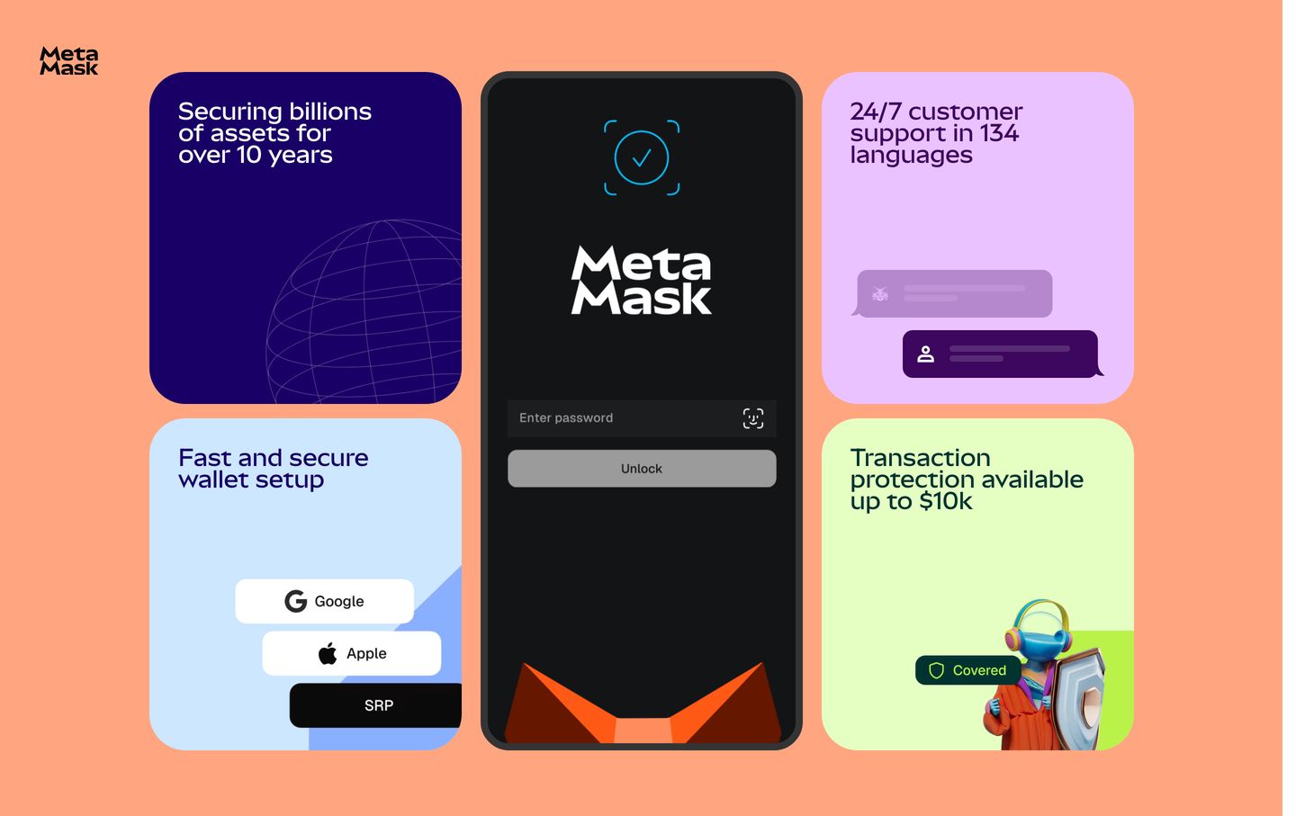 Vibrant and reassuring feature grid framing a central phone unlock screen with colorful rounded cards highlighting security and customer support capabilities.
