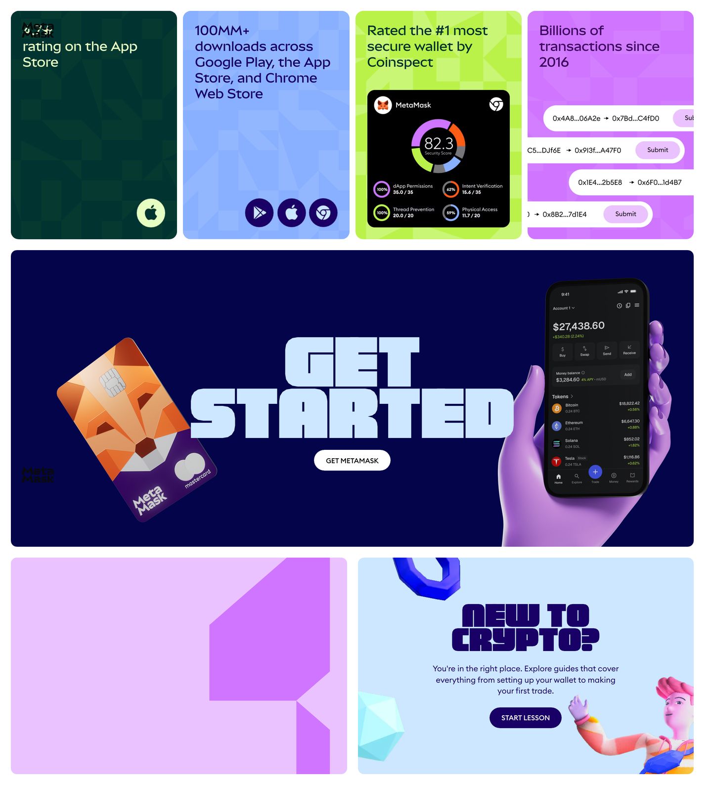 Vibrant and game-like crypto CTA section packed with colourful metric cards, playful 3D renders, and heavy blocky display type.