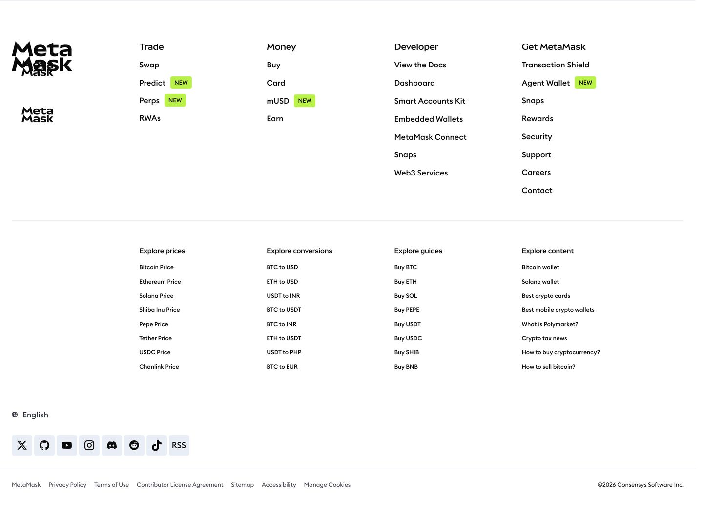 An organized, extensive corporate footer with clean typographic link columns punctuated by bright neon feature badges.