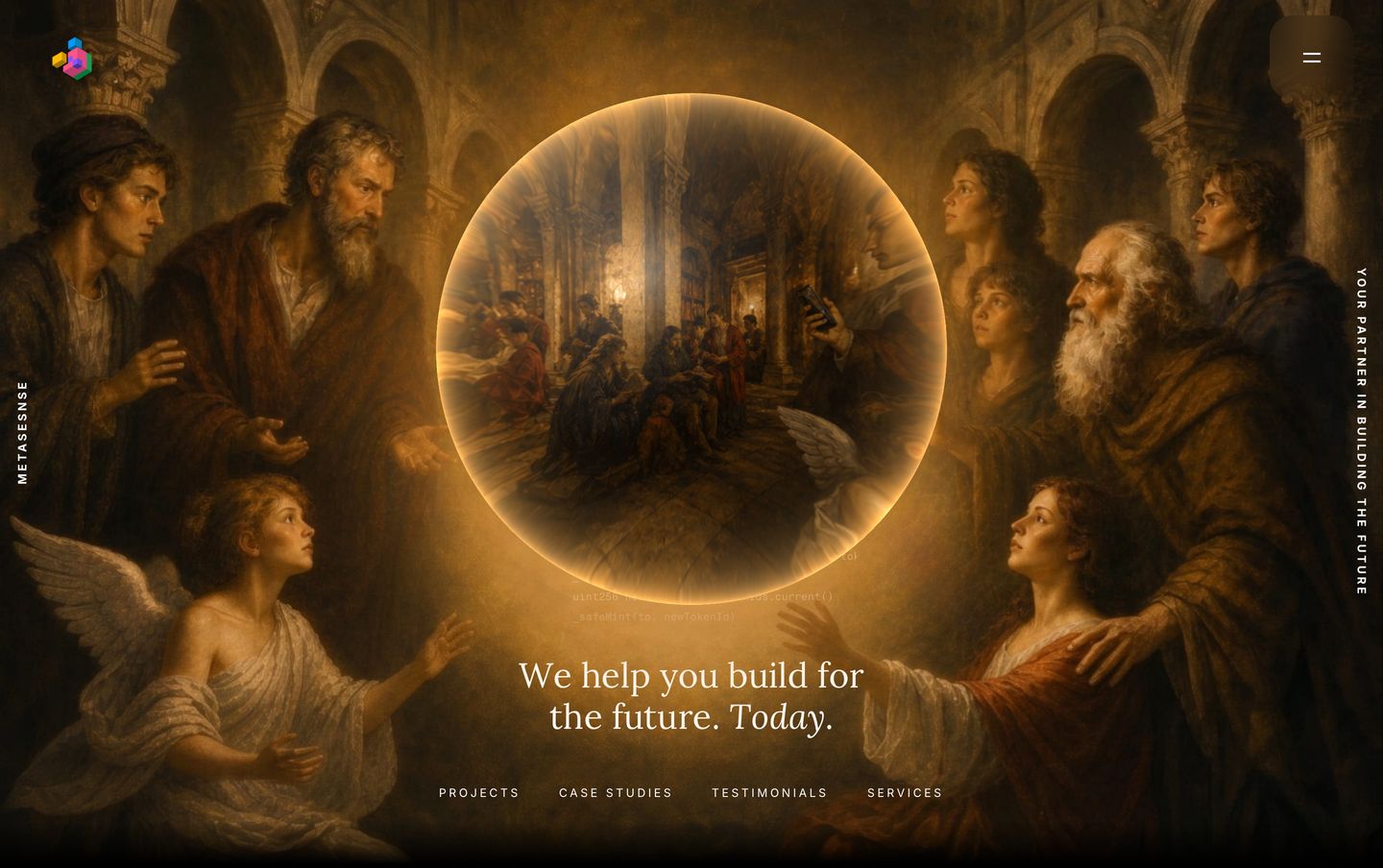 A mystical Renaissance tableau centered around a glowing luminous sphere, blending classical chiaroscuro painting with subtle futuristic tech cues.