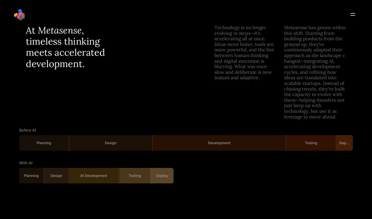 A dark editorial opening pairing quiet serif typography with a comparative timeline diagram illustrating AI-accelerated workflows.